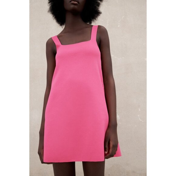 NWT Zara Hot Pink Knit Square Neck Ribbed A-Line Bodycon Barbiecore Mini Dress S - Picture 16 of 16
